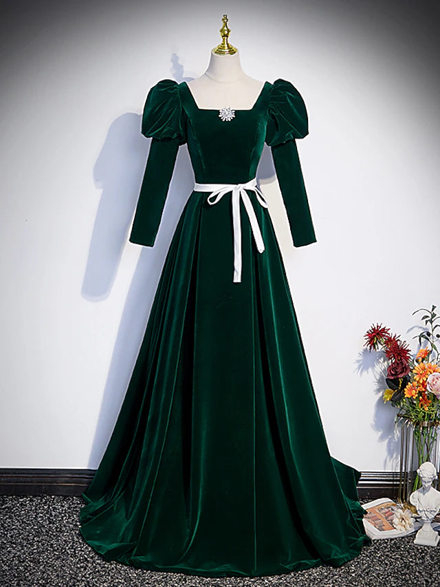 A-Linie Abendkleid Maxikleid Formal Bodenlang Langarm Quadratischer Ausschnitt Samt mit Falten Kristalle Riemchen